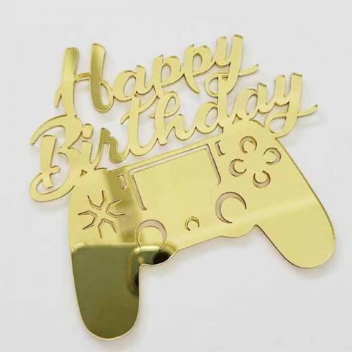Зеркальный акриловый топпер "Happy Birthday джойстик", золото